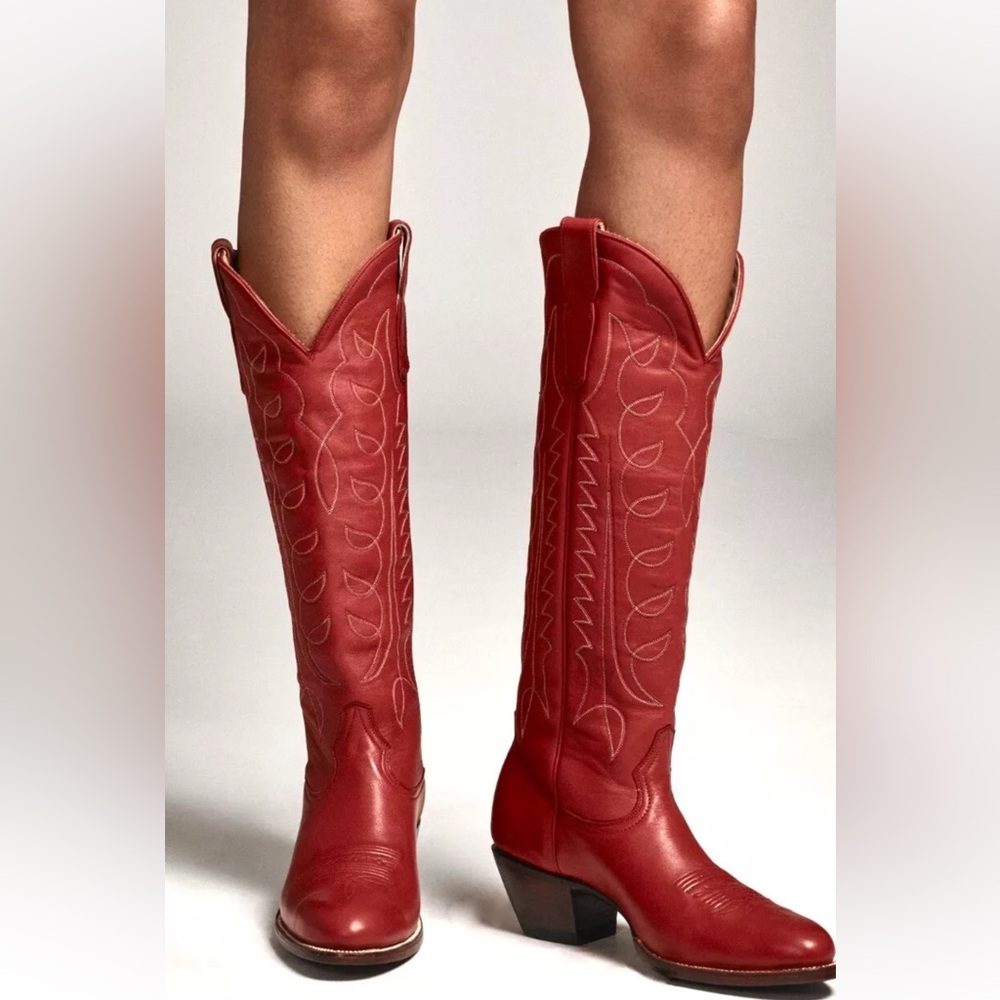 Anthropologie CITY Boots The Montrose Cowboy Boots Red Leather Tall - Picture 2 of 13